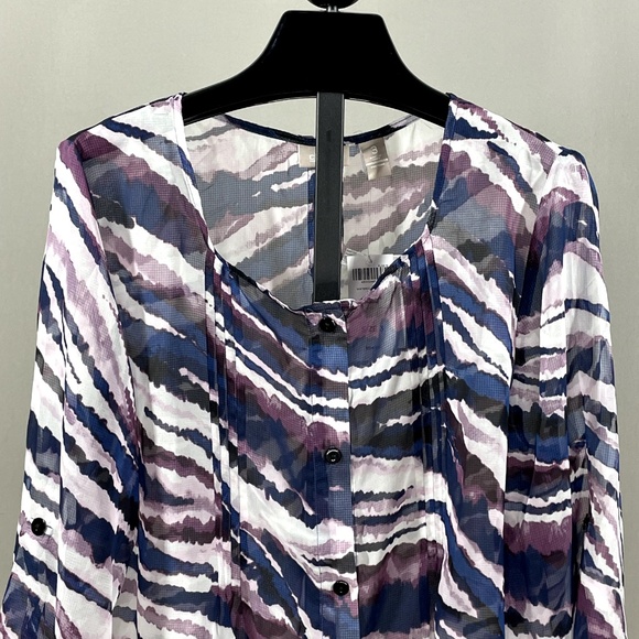 NEW Chicos Shirt Womens Large blue purple sheer button up blouse casual classic - Picture 2 of 10